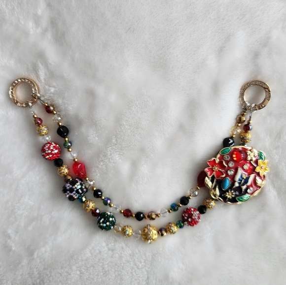 Accessories - Colorful Beaded Purse Charm with Floral Pendant Bag Charm Chain